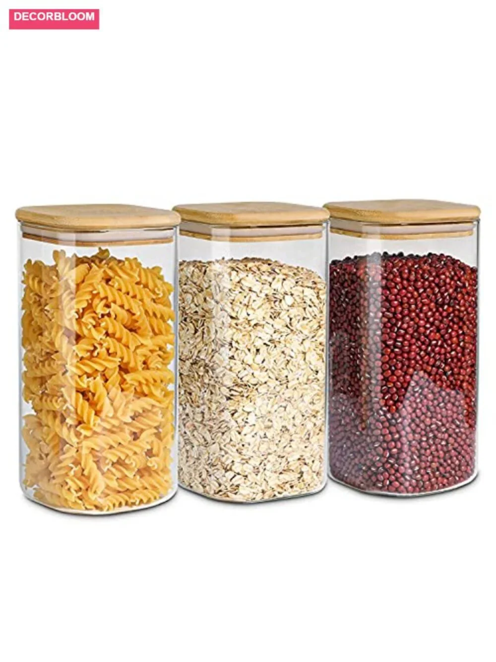 Square Glass Jars with Bamboo Lids, 3-Piece Airtight Pantry Storage